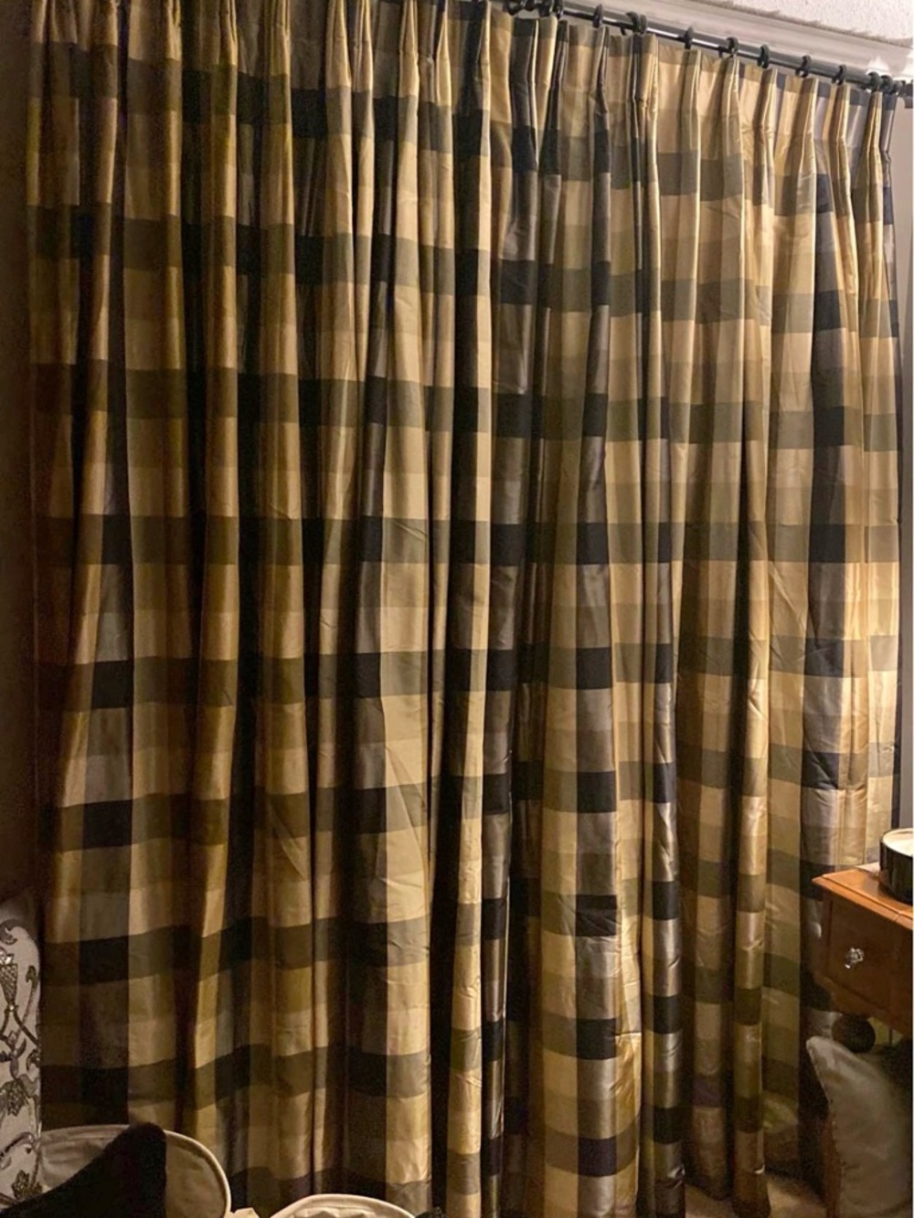 Silk Plaid Black and Tan Window Curtain Panels. Set of two 96” long.
